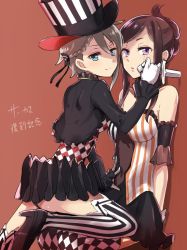 Rule 34 | 2girls, :o, against wall, ange (princess principal), aqua eyes, argyle, argyle clothes, argyle legwear, asymmetrical clothes, braid, breasts, brown background, brown hair, closed mouth, costume, dorothy (princess principal), facepaint, female focus, frills, girl on top, gloves, grey hair, hand on another&#039;s stomach, hat, knife, looking at viewer, looking back, medium breasts, multiple girls, niina ryou, open mouth, princess principal, purple eyes, shade, short hair, short hair with long locks, simple background, sitting, small breasts, smile, striped clothes, striped headwear, striped legwear, striped thighhighs, thighhighs, top hat, vertical-striped clothes, vertical-striped legwear, vertical-striped thighhighs, white gloves, yuri