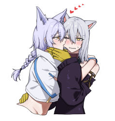 Rule 34 | 2girls, animal ears, arknights, arm around waist, bare shoulders, biting, blush, braid, cheek biting, crop top, cropped torso, drlee lili, fang, gloves, grey hair, heart, highres, hug, long hair, long sleeves, mouse ears, multiple girls, official alternate costume, one eye closed, provence (arknights), provence (casual vacation) (arknights), purple hair, red eyes, scavenger (arknights), simple background, single braid, sweatdrop, upper body, v-shaped eyebrows, white background, wolf ears, yellow gloves, yuri
