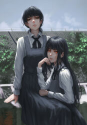 Rule 34 | 2girls, :|, absurdres, black hair, black ribbon, blurry, blurry background, brown eyes, chainsaw man, closed mouth, commentary, cowboy shot, cross scar, dress, dual persona, english commentary, expressionless, facial scar, fourth east high school uniform, grey dress, grey sky, head rest, highres, leaning on person, long hair, long sleeves, looking at viewer, low twintails, luxearte, mitaka asa, multiple girls, neck ribbon, outdoors, pinafore dress, red eyes, ribbon, ringed eyes, scar, scar on cheek, scar on face, school uniform, shirt, short twintails, sidelocks, sitting, sky, sleeveless, sleeveless dress, tree, twintails, white shirt, yoru (chainsaw man)