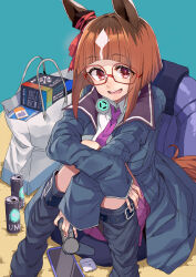 Rule 34 | 1girl, animal ears, bag, blue background, blue jacket, brown hair, collared shirt, commentary request, cover, cover page, hidori (hibi toridori), highres, horse ears, horse girl, jacket, looking at viewer, necktie, open mouth, purple necktie, red-framed eyewear, red eyes, shirt, short hair, simple background, sitting, smile, textless version, transcend (umamusume), umamusume, white shirt