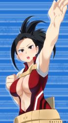 Rule 34 | 10s, 1girl, absurdres, armpits, artist name, belt, belt skirt, black eyes, black hair, blue background, blush, boku no hero academia, breasts, center opening, cleavage, foreshortening, gaston18, halterneck, highres, large breasts, leotard, looking at viewer, navel, open mouth, outstretched arm, ponytail, sleeveless, solo, standing, teeth, upper body, upper teeth only, v-shaped eyebrows, yaoyorozu momo