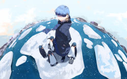 Rule 34 | 1girl, absurdres, animal, bird, blue coat, blue eyes, blue hair, blue scarf, closed mouth, coat, colored inner hair, commentary, day, english commentary, fisheye, full body, hand in pocket, highres, ice, long sleeves, looking at viewer, medium hair, multicolored hair, neckwear lift, okpriko, orange hair, original, outdoors, penguin, personification, scarf, snow, solo, standing, striped clothes, striped scarf, two-tone hair, wind, wind lift