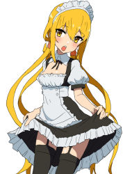 Rule 34 | 1girl, :o, alternate costume, black thighhighs, blonde hair, blush, breasts, comala (komma la), commentary request, dress, enmaided, frilled dress, frills, garter straps, hair between eyes, highres, kantai collection, long hair, looking at viewer, maid, maid headdress, open mouth, puffy short sleeves, puffy sleeves, satsuki (kancolle), short sleeves, simple background, small breasts, solo, teeth, thighhighs, twintails, upper teeth only, very long hair, white background, yellow eyes