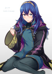 Rule 34 | 1girl, 2019, ameno (a meno0), armor, black cloak, black sweater, blue eyes, blue hair, blush, breastplate, cloak, closed mouth, commentary request, cosplay, fire emblem, fire emblem awakening, hair between eyes, hair ornament, hood, hood down, hooded, hooded cloak, lips, long hair, lucina (fire emblem), my unit, my unit (cosplay), nintendo, open clothes, ribbed sweater, robin (fire emblem), robin (male) (fire emblem), simple background, sitting, solo, sweater, tiara, turtleneck, turtleneck sweater, white background