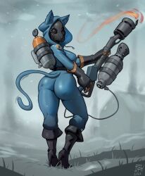 Rule 34 | 1girl, animal hood, ass, belt, black footwear, black gloves, blu pyro (tf2), blue bodysuit, blue hood, bodysuit, boots, breasts, cat hood, cat tail, commentary, covered face, drawstring, english commentary, eyelashes, fake tail, flamethrower, from behind, full body, gas mask, gas tank, genderswap, genderswap (otf), gloves, high heel boots, high heels, holding, holding weapon, hood, itch (itchy ears), kemonomimi mode, knee boots, large breasts, looking back, mask, pyro (tf2), skin tight, smoke, solo, standing, tail, team fortress 2, two-tone gloves, weapon