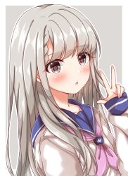 Rule 34 | 1girl, :o, absurdres, blue sailor collar, blush, braid, braided bangs, brown eyes, commentary request, from side, grey background, grey hair, hand up, highres, hisakawa nagi, idolmaster, idolmaster cinderella girls, long hair, long sleeves, looking at viewer, looking to the side, naruse nagi, neckerchief, parted lips, pink neckerchief, sailor collar, school uniform, serafuku, shirt, sleeves past wrists, solo, two-tone background, upper body, very long hair, w, white background, white shirt