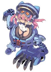Rule 34 | 1girl, arms up, blade (galaxist), breasts, covered navel, fingerless gloves, from above, gloves, goggles, goggles on head, gundam, hair between eyes, kapool, leotard, long hair, looking at viewer, looking up, mecha, original, pink eyes, pink hair, robot, simple background, small breasts, solo, twintails, white background, white leotard