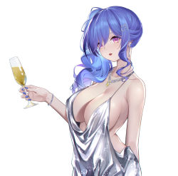 Rule 34 | 1girl, absurdres, arm behind back, azur lane, blue hair, blue nails, bracelet, breasts, champagne flute, cleavage, cup, dress, drinking glass, earrings, hair ornament, hairclip, halterneck, highres, holding, holding cup, jewelry, jiusan naitang, large breasts, lips, lipstick, long hair, looking at viewer, makeup, nail polish, necklace, parted lips, purple eyes, red lips, side ponytail, silver dress, simple background, single sidelock, solo, spaghetti strap, st. louis (azur lane), st. louis (luxurious wheels) (azur lane), upper body, white background