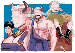 Rule 34 | 3boys, aged down, animal ears, bara, bell, black hair, blue background, blue overalls, border, breasts, cigarette, cow ears, cow horns, cow tail, cowbell, facial hair, frown, girl staring at guys chest (meme), goatee stubble, horns, large breasts, male focus, multiple boys, multiple views, muscular, muscular male, n nununu n, one piece, outside border, overalls, scar, scar on face, scar on forehead, sideburns, sitting, sitting on object, smoker (one piece), standing, stubble, tail, trafalgar law, white border, white hair