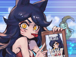 Rule 34 | 2girls, ahri (league of legends), anger vein, animal ears, bare shoulders, breasts, cleavage, english text, facial mark, fox ears, hand up, holding frame, kalista, large breasts, league of legends, long hair, looking at viewer, multiple girls, orange eyes, phantom ix row, photo (object), slit pupils, solo focus, upper body, whisker markings