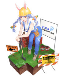 Rule 34 | 1girl, alternate costume, animal ears, artist name, belt, blue hair, blue pants, braid, brown footwear, character name, collarbone, commentary request, english text, explosive, food-themed hair ornament, full body, grass, hair between eyes, hair ornament, hat, helmet, highres, holding, hololive, leaning forward, long braid, long hair, looking at viewer, minecraft, open mouth, overalls, pants, planted, planted shovel, rabbit ears, red eyes, shirt, shoes, shovel, sign, skyrail, sleeveless, smile, socks, solo, standing, tail, tnt, tnt block (minecraft), tool belt, twin braids, usada pekora, virtual youtuber, white background, white hair, white shirt