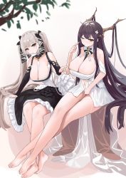 Rule 34 | 2girls, absurdres, azur lane, bare shoulders, barefoot, between breasts, black dress, black hair, branch, breasts, cleavage, clothing cutout, dress, formidable (azur lane), frilled dress, frills, full body, green eyes, grey hair, hair on horn, highres, horns, huge breasts, indomitable (azur lane), kawa tamago, large breasts, long dress, long hair, looking at viewer, multiple girls, navel cutout, necktie, necktie between breasts, red eyes, shoulder cutout, simple background, sitting, twintails, two-tone dress, two-tone ribbon, very long hair, white background, white dress