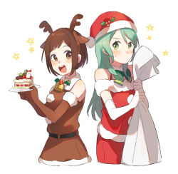 Rule 34 | 2girls, :d, animal costume, antlers, aqua hair, bang dream!, bell, belt, blush, bob cut, bow, bowtie, brown eyes, brown gloves, brown hair, brown shirt, brown skirt, cake, cake slice, christmas, elbow gloves, fake antlers, food, fur trim, gloves, green eyes, green neckwear, hat, hazawa tsugumi, hikawa sayo, holding, holding plate, holly, horns, long hair, multiple girls, open mouth, plate, pom pom (clothes), red hat, red shirt, reindeer antlers, reindeer costume, round teeth, sack, santa costume, santa hat, shirt, short hair, simple background, skirt, smile, star (symbol), sweatdrop, teeth, unapoppo, upper teeth only, white background, white gloves