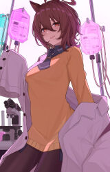 Rule 34 | 1girl, :d, absurdres, agnes tachyon (umamusume), ahoge, animal ears, black pantyhose, blue necktie, breasts, brown hair, buttons, erlenmeyer flask, flask, hair between eyes, highres, horse ears, horse girl, intravenous drip, lab coat, long sleeves, looking at viewer, medium breasts, microscope, nagaburo imoni, necktie, open mouth, orange eyes, pantyhose, parted lips, short hair, simple background, sleeves past wrists, smile, solo, sweater, umamusume, white background, yellow sweater