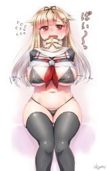 Rule 34 | 10s, 1girl, arms behind back, bikini, bikini under clothes, black bikini, black thighhighs, blonde hair, blush, breasts, cleavage, clothes lift, doyouwantto, female focus, flying sweatdrops, gradient background, hair flaps, hair ornament, hair ribbon, hairclip, highres, kantai collection, large breasts, long hair, looking at viewer, navel, no pants, open mouth, red eyes, ribbon, scarf, school uniform, serafuku, shirt lift, sitting, solo, swimsuit, thigh gap, thighhighs, translation request, yuudachi (kancolle), yuudachi kai ni (kancolle)