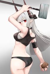 Rule 34 | 1girl, absurdres, ao oni (onioni-aoi), arknights, arm up, ass, bandaged arm, bandages, bare shoulders, black panties, black sports bra, brown horns, chest sarashi, closed mouth, commentary request, cowboy shot, expressionless, fingernails, from behind, gradient background, grey background, grey hair, hammer, highres, holding, holding hammer, holding rock, holding weapon, horns, long hair, looking at viewer, looking back, material growth, mudrock (arknights), oripathy lesion (arknights), panties, pointy ears, red eyes, rock, sarashi, sledgehammer, solo, sports bra, strap slip, tank top, underwear, weapon, white background