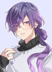 Rule 34 | 1boy, artist name, black shirt, blush, commentary, crossed bangs, ear piercing, earrings, english commentary, expressionless, eyelashes, eyes visible through hair, eyewear strap, fingernails, glasses, grey background, grey sweater, hair bun, hair over one eye, hair over shoulder, hand up, heterochromia, highres, jewelry, kgr, long fingernails, long hair, long sleeves, looking at viewer, low ponytail, male focus, mole, mole on neck, multiple rings, nail polish, necklace, nijisanji, nijisanji en, official alternate costume, outline, parted bangs, parted lips, piercing, pink eyes, ponytail, purple eyes, purple hair, purple nails, ring, round eyewear, shirt, sidelocks, simple background, single hair bun, sleeves past wrists, solo, sweater, turtleneck, twitter username, uki violeta, uki violeta (2nd costume), upper body, virtual youtuber, white outline