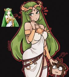 Rule 34 | 1boy, 1girl, armlet, black background, breasts, brown hair, chain, cowboy shot, forehead jewel, gold chain, green eyes, green hair, hand on another&#039;s head, highres, kid icarus, kid icarus uprising, light blush, long hair, medium breasts, nintendo, o3o, outline, palutena, pit (kid icarus), red outline, reference inset, signature, sindows10, thighhighs, vambraces