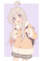 Rule 34 | 1girl, :d, ahoge, backpack, bag, brown eyes, brown skirt, commentary, cowboy shot, fur-trimmed jacket, fur collar, fur trim, grey hair, hair between eyes, highres, holding strap, jacket, long hair, long sleeves, looking at viewer, multicolored hair, onii-chan wa oshimai!, open mouth, oyama mahiro, pink hair, purple background, rundraw, sidelocks, simple background, skirt, smile, solo, two-tone hair, yellow jacket