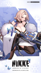 Rule 34 | 1girl, breasts, brown eyes, brown hair, brown thighhighs, cleavage, dress, goddess of victory: nikke, gun, high heels, highres, holding, holding gun, holding weapon, large breasts, long hair, ludmilla (nikke), ludmilla (winter owner) (nikke), machine gun, official alternate costume, official art, smile, solo, squatting, thighhighs, weapon, white dress, white footwear