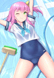 Rule 34 | ;), arms up, blue one-piece swimsuit, breasts, broom, closed mouth, covered navel, cowboy shot, empty pool, gluteal fold, green eyes, highres, lying, on back, one-piece swimsuit, one eye closed, one side up, original, pink hair, pool, sasaame, school swimsuit, school uniform, serafuku, small breasts, smile, solo, swimsuit, swimsuit under clothes