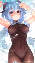 Rule 34 | 1girl, ahoge, armpits, arms up, black leotard, black pantyhose, blue hair, blush, bodystocking, bodysuit, breasts, cameltoe, covered erect nipples, covered navel, cowboy shot, ganyu (genshin impact), genshin impact, groin, highres, horns, irori (irorixc), legs together, leotard, leotard under clothes, long hair, looking at viewer, low ponytail, medium breasts, pantyhose, purple eyes, sidelocks, smile, solo, thighs, wet, wet clothes