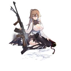 Rule 34 | 1girl, artist request, balloon, black pantyhose, blue jacket, blush, bodysuit, breasts, brown hair, burnt clothes, car (girls&#039; frontline), cleavage, girls&#039; frontline, gun, hair between eyes, hair ornament, hairclip, hand on weapon, holding, holding weapon, jacket, unworn jacket, large breasts, long hair, looking down, machine gun, no pants, no shoes, on floor, pantyhose, purple eyes, shirt, sitting, solo, thighs, torn clothes, torn pantyhose, torn shirt, transparent background, weapon, wet, wet clothes, wet legwear, wet shirt, white background, white shirt