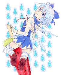 Rule 34 | 1girl, adapted costume, backless outfit, bare arms, bare shoulders, blue dress, blue eyes, blue hair, bow, cirno, dress, food, gloves, grin, hair bow, highres, ice, ice wings, looking at viewer, looking back, matching hair/eyes, motiking, mouth hold, oversized object, popsicle, short hair, smile, solo, strapless, strapless dress, striped clothes, striped thighhighs, thighhighs, touhou, white gloves, wings, zettai ryouiki
