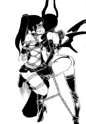 Rule 34 | 2girls, arms behind back, ass, bdsm, bikini, black hair, black rock shooter, black rock shooter (character), bondage, bound, breasts, collar, cuffs, dead master, defeat, femdom, forced, highres, horns, kinbakuman, kiss, leash, long hair, monochrome, multiple girls, rape, rope, shackles, shibari, shorts, slave, small breasts, swimsuit, tears, thighhighs, thong, twintails, wings, yuri