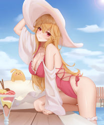 Rule 34 | 1girl, azur lane, bare shoulders, blonde hair, blue sky, blush, breasts, cleavage, closed mouth, cross-laced clothes, cross-laced one-piece swimsuit, day, fence, food, frills, glasses, gluteal fold, hat, highleg, highleg swimsuit, highres, large breasts, long hair, looking at viewer, manjuu (azur lane), one-piece swimsuit, outdoors, pink one-piece swimsuit, pool, red eyes, richelieu (azur lane), richelieu (fleuron of the waves) (azur lane), sky, smile, solo, sun hat, swimsuit, thigh strap, thighs, very long hair, wei xiao, white hat