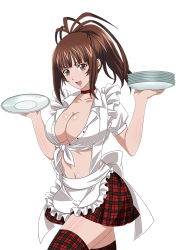 Rule 34 | 00s, 1girl, apron, breasts, brown eyes, brown hair, cleavage, front-tie top, ikkitousen, large breasts, looking at viewer, navel, open mouth, plaid, plaid legwear, plaid skirt, red skirt, red thighhighs, simple background, skirt, solo, thighhighs, white background, yagyu mitsuyoshi, zettai ryouiki