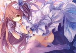 Rule 34 | 10s, 1girl, ass, blush, bow, breasts, cleavage, covering privates, covering crotch, dress, fal maro, gloves, hair bow, kaname madoka, long hair, mahou shoujo madoka magica, mahou shoujo madoka magica (anime), no panties, pink hair, solo, spoilers, thighhighs, twintails, two side up, ultimate madoka, very long hair, yellow eyes