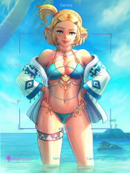 Rule 34 | 1boy, 1girl, absurdres, alternate hairstyle, bare shoulders, bikini, blonde hair, blue bikini, blue sky, breasts, closed mouth, commentary, english commentary, gameplay mechanics, green eyes, hair ornament, hairclip, halterneck, hands on own hips, highres, jacket, jewelry, large breasts, lips, looking at viewer, navel, necklace, nintendo, off shoulder, one side up, outdoors, palm tree, parted bangs, partially submerged, phoenix sensei, pointy ears, princess zelda, rock, short hair, sky, smile, solo focus, standing, string bikini, swimsuit, the legend of zelda, the legend of zelda: tears of the kingdom, thigh strap, tree, viewfinder, wading, watermark, web address, white jacket