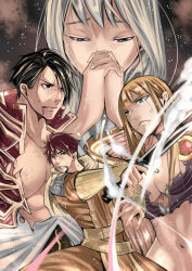 Rule 34 | 2boys, 2girls, absurdres, belt, black eyes, black hair, blonde hair, blood, blood from mouth, blunt bangs, bra, breasts, brown cape, brown eyes, brown pants, brown shirt, cape, capelet, champion (ragnarok online), chinese commentary, cleavage, closed mouth, coat, commentary, cowboy shot, dust cloud, english commentary, hair between eyes, highres, holding, holding sword, holding weapon, hood, hooded coat, large breasts, long hair, looking afar, mixed-language commentary, multiple boys, multiple girls, navel, open clothes, open coat, own hands together, pants, pectorals, pupuddddy, purple bra, ragnarok online, red coat, red hair, sage (ragnarok online), scratches, shirt, short hair, sidelocks, striped cape, sword, swordsman (ragnarok online), torn bra, torn clothes, torn coat, underwear, upper body, weapon, white capelet, white hair