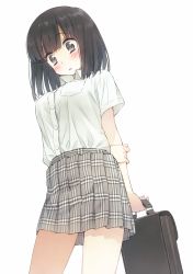 Rule 34 | 1girl, arm behind back, arms behind back, bag, black eyes, black hair, blush, breast pocket, breasts, collared shirt, cowboy shot, grey skirt, hand on own arm, holding, holding bag, large breasts, original, parted lips, plaid, plaid skirt, pleated skirt, pocket, school bag, school uniform, shirt, shirt tucked in, short hair, short sleeves, simple background, skirt, solo, standing, tsuke (maholabo), white background, white shirt