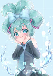 Rule 34 | 1girl, absurdres, aqua bow, aqua eyes, aqua hair, aqua necktie, black skirt, bow, cinnamiku, clenched hands, closed mouth, commentary request, detached sleeves, folded twintails, grey shirt, hair bow, hair tie, hands on own face, hatsune miku, highres, izumi no e, long hair, long sleeves, necktie, sanrio, shirt, skirt, smile, solo, updo, vocaloid, water drop