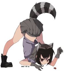Rule 34 | 1girl, adapted costume, animal, animal ears, arched back, arm rest, back, bare arms, bare legs, black footwear, black hair, boots, brown eyes, bug, common raccoon (kemono friends), elbow rest, extra ears, flexible, full body, gloves, grey gloves, grey hair, grey skirt, hand up, highres, insect, jack-o&#039; challenge, kemono friends, ladybug, looking at another, medium hair, meme, microskirt, midriff peek, multicolored hair, nanana (nanana iz), no bodystocking, pleated skirt, purple shirt, raccoon ears, raccoon girl, raccoon tail, shirt, short sleeves, sidelocks, simple background, skirt, solo focus, spread legs, standing, stretching, striped, striped tail, tail, top-down bottom-up, white background