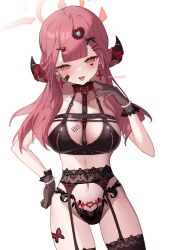 Rule 34 | 1girl, alternate costume, aru (blue archive), black gloves, black panties, black thighhighs, blue archive, blush, breasts, brown horns, chariot.f, choker, collarbone, cowboy shot, demon horns, gloves, halo, highres, horns, large breasts, long hair, looking at viewer, navel, open mouth, panties, pink hair, pink halo, red choker, signature, simple background, smile, solo, thighhighs, underwear, white background, yellow eyes