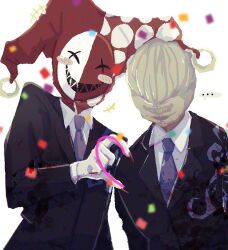 Rule 34 | +++, 2boys, black jacket, blue necktie, blush, blush stickers, collared shirt, confetti, extra hands, formal, hat, heart hands failure, jacket, jester cap, library of ruina, long sleeves, mask, multiple boys, necktie, oswald (project moon), philip (project moon), project moon, shirt, simple background, suit, tapioca no mori, white background, white shirt