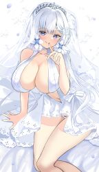 Rule 34 | 1girl, absurdres, azur lane, bare shoulders, breasts, bridal veil, center opening, cleavage, collarbone, commentary request, dress, feet out of frame, finger to mouth, flower, hair flower, hair ornament, halter dress, halterneck, highres, huge breasts, illustrious (azur lane), illustrious (morning star of love and hope) (azur lane), kisahipi, lace, lace-trimmed dress, lace trim, long hair, looking at viewer, mole, mole under eye, official alternate costume, panties, purple eyes, revealing clothes, rose, shirt, simple background, sleeveless, sleeveless shirt, smile, solo, tiara, tri tails, underwear, veil, wedding dress, white background, white dress, white flower, white hair, white panties, white rose, white theme