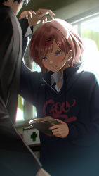 Rule 34 | 1boy, 1girl, absurdres, backlighting, blush, brown hair, clenched teeth, commentary request, day, gift, hair ornament, hairclip, happy birthday, highres, higuchi madoka, holding, holding gift, idolmaster, idolmaster shiny colors, indoors, mole, mole under eye, producer (idolmaster), purple eyes, short hair, sweater, teeth, tera2001, window