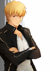 Rule 34 | 1boy, blonde hair, casual, crossed arms, fate/stay night, fate (series), feesh, gilgamesh (fate), male focus, official alternate costume, red eyes, solo