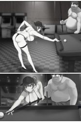 Rule 34 | 1boy, 1girl, arcade cabinet, ass, bent over, bikini, breasts, cleavage, fat, fat man, gongba laoge, hat, high heels, highres, large breasts, leg strap, original, ponytail, pool table, side-tie bikini bottom, sweat, swimsuit, table, thong