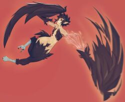 Rule 34 | 1girl, bird legs, bird tail, black feathers, black hair, black sclera, black wings, colored sclera, commentary, commission, english commentary, eymbee, feathered wings, feathers, grin, harpy, monster girl, original, pointy ears, red background, red eyes, smile, solo, tail, talons, wide hips, winged arms, wings