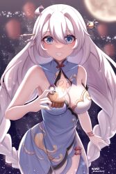 Rule 34 | 1girl, :d, absurdres, ahoge, bare arms, bare shoulders, blue dress, blue eyes, blue nails, blurry, blurry background, braid, breasts, cleavage, commentary request, cutescookie, dated, depth of field, dress, fang, full moon, ghost, hair between eyes, hair intakes, highres, holding, honkai (series), honkai impact 3rd, kiana kaslana, long hair, looking at viewer, medium breasts, moon, nail polish, open mouth, sleeveless, sleeveless dress, smile, solo, twin braids, very long hair, white hair
