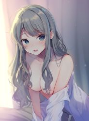 Rule 34 | 1girl, :d, ahoge, all fours, aqua eyes, artist request, bare shoulders, blush, breasts, cleavage, collarbone, commentary, grey hair, hair over breasts, highres, large breasts, long hair, long sleeves, looking at viewer, momoirone, off shoulder, open clothes, open mouth, open shirt, original, panties, shirt, sidelocks, smile, solo, underwear, wavy hair, white panties, white shirt