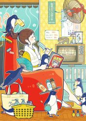 Rule 34 | 1girl, barefoot, basket, bird, blush, brown hair, chair, comb, electric fan, closed eyes, hair dryer, hand fan, highres, long hair, open mouth, original, outline, paper fan, penguin, ponytail, shirt, sitting, smile, television, white outline, yellow shirt, yoshimon