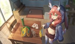 Rule 34 | 1girl, animal ears, azur lane, black skirt, carpet, chair, chips (food), commentary request, couch, crop top, dragon girl, dragon horns, fake animal ears, floppy ears, food, from above, game console, green eyes, holding, hood, hooded jacket, horns, indoors, jacket, living room, long hair, long sleeves, looking at viewer, loungewear, midriff, miniskirt, navel, open clothes, open jacket, open mouth, orange hair, plant, pleated skirt, pocky, potato chips, potted plant, rabbit ears, ribbon, ryuujou (azur lane), ryuujou (slacking samurai) (azur lane), skirt, smile, solo, standing, stomach, sunlight, table, tail, tail ornament, tail ribbon, television, thighhighs, white thighhighs, wide shot, yu ni t, zettai ryouiki