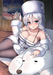 Rule 34 | 1girl, :d, = =, absurdres, avrora (azur lane), azur lane, bear, belt, black pantyhose, blush, braid, breasts, cleavage, closed eyes, collarbone, commentary request, detached sleeves, dress, flask, glint, hair between eyes, halterneck, hat, head tilt, highres, hip flask, holding, indoors, large breasts, long hair, long sleeves, looking at viewer, lying, on side, on stomach, open mouth, pantyhose, polar bear, scar, scar across eye, scar on face, shou jian yu, silver hair, smile, solo, star (symbol), strapless, strapless dress, sweat, very long hair, white dress, white hat, window