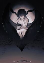 Rule 34 | 1girl, bird girl, bird wings, black flower, black hair, collarbone, commentary, completely nude, dripping, expressionless, feathered wings, final fantasy, final fantasy xiv, floating, flower, full body, hand on own cheek, hand on own face, hand up, head wings, highres, holding, holding flower, knees up, liquid, looking at viewer, looking up, meteion, monochrome, monster girl, multiple wings, nude, one eye closed, parted lips, sepia, short hair, sitting, solo, white eyes, wing hug, wings, xiao dao (kojimarie)